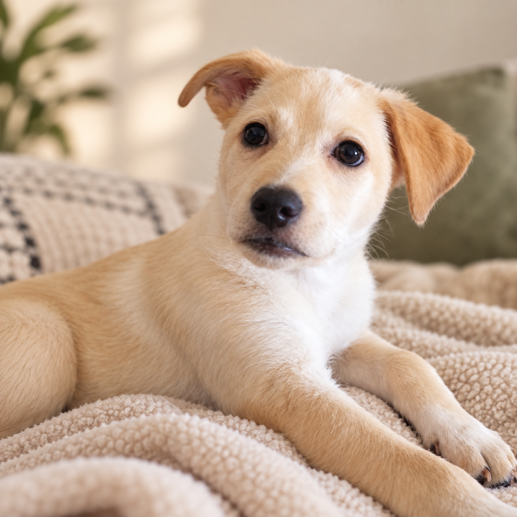 Luke, a young cream-colored dog resting on a blanket