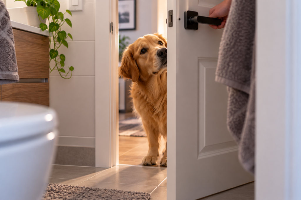 Golden Retriever peeking through a partially closed bathroom door