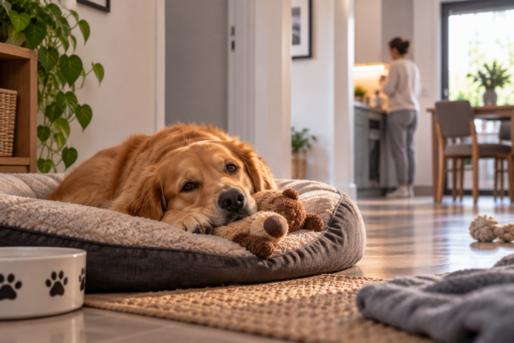 Golden Retriever relaxing in its bed while its owner is in another room