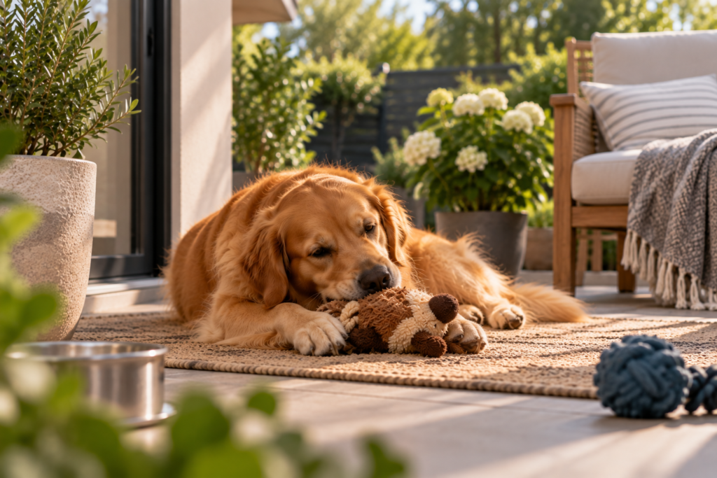 Golden Retriever relaxing independently with a toy on a patio