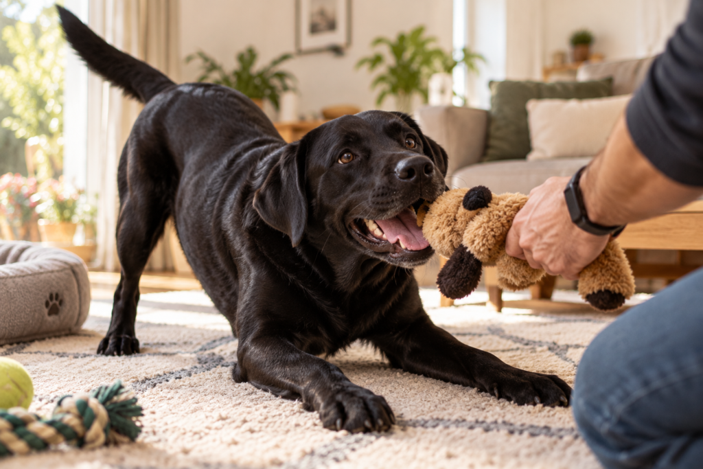 Black Labrador happily playing tug with their owner at home