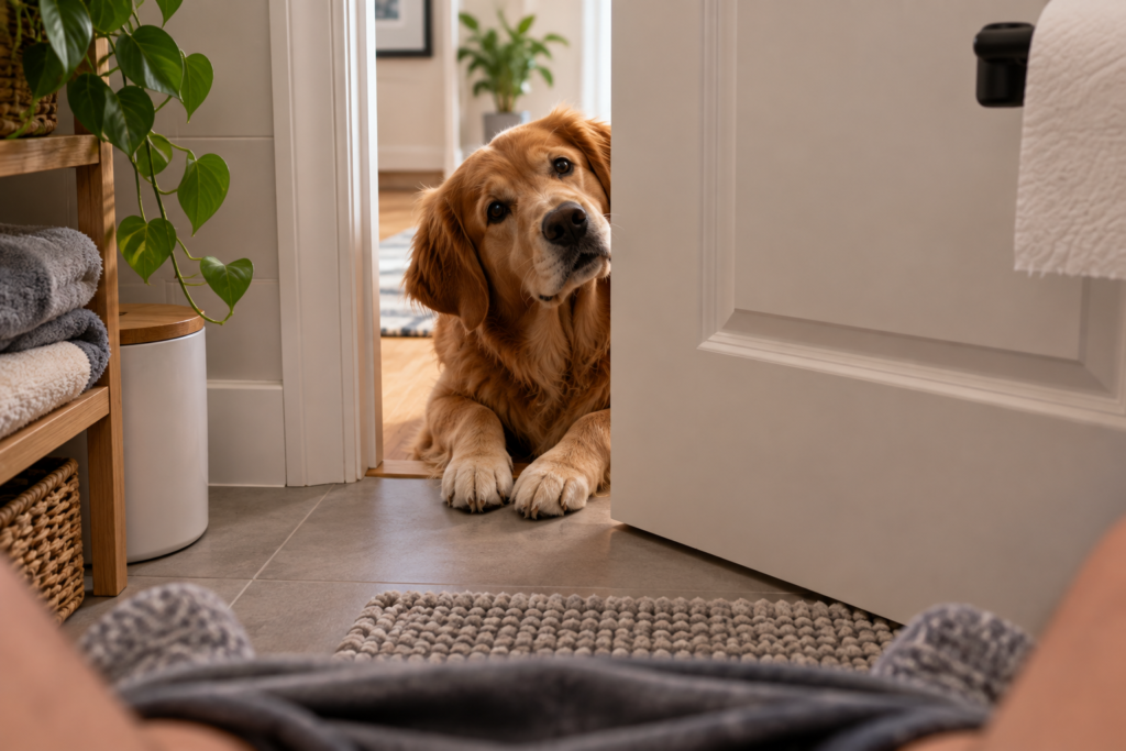 Golden retriever peeking through a partially open bathroom door