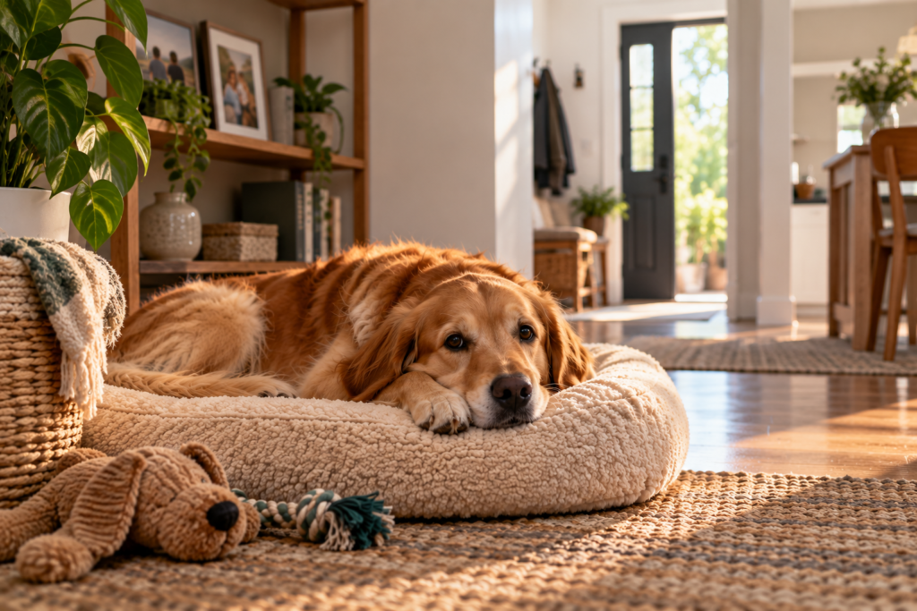 Golden retriever resting calmly on a dog bed at home