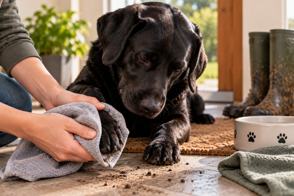 Owner wiping the muddy paw of a black Labrador after being outside