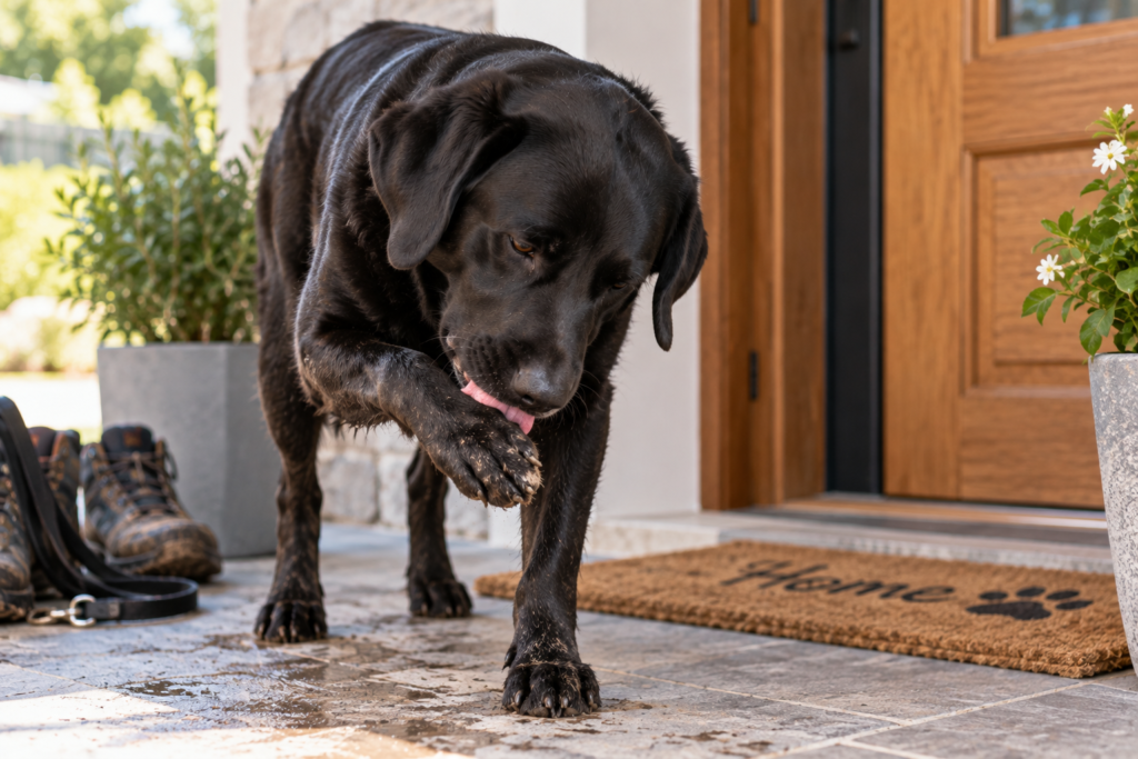 Black Labrador licking a muddy front paw after returning from a walk