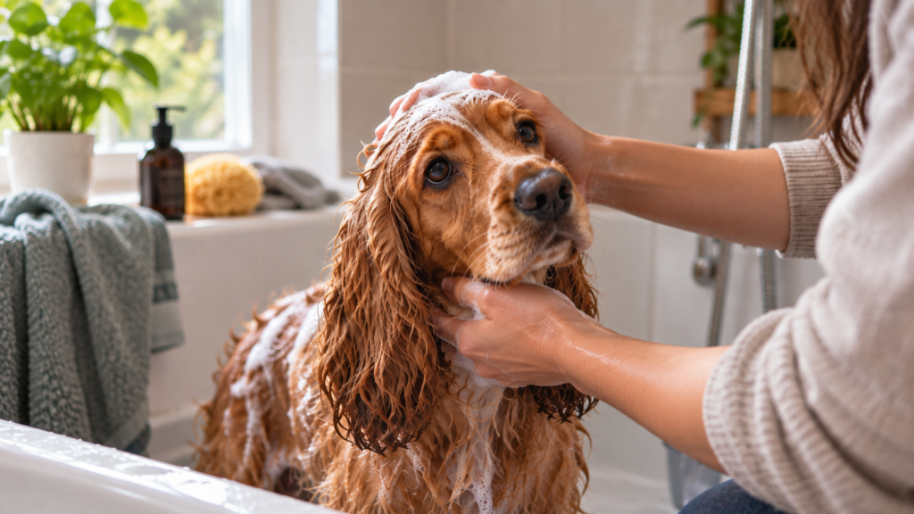 Golden Cocker Spaniel having its coat washed during a home bath