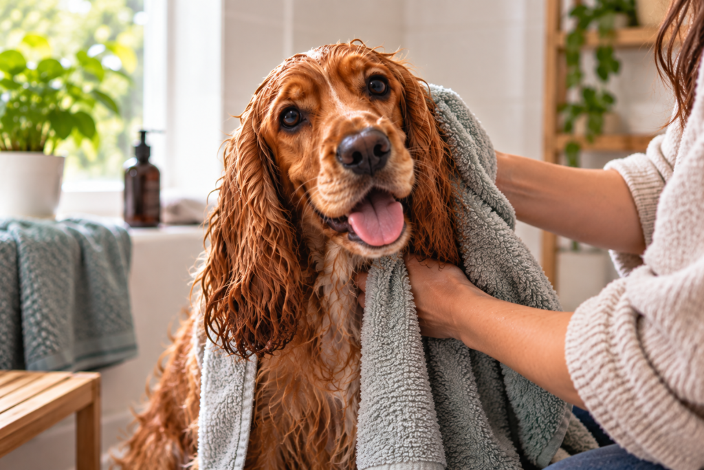 Wet golden Cocker Spaniel being gently dried with a towel after a bath