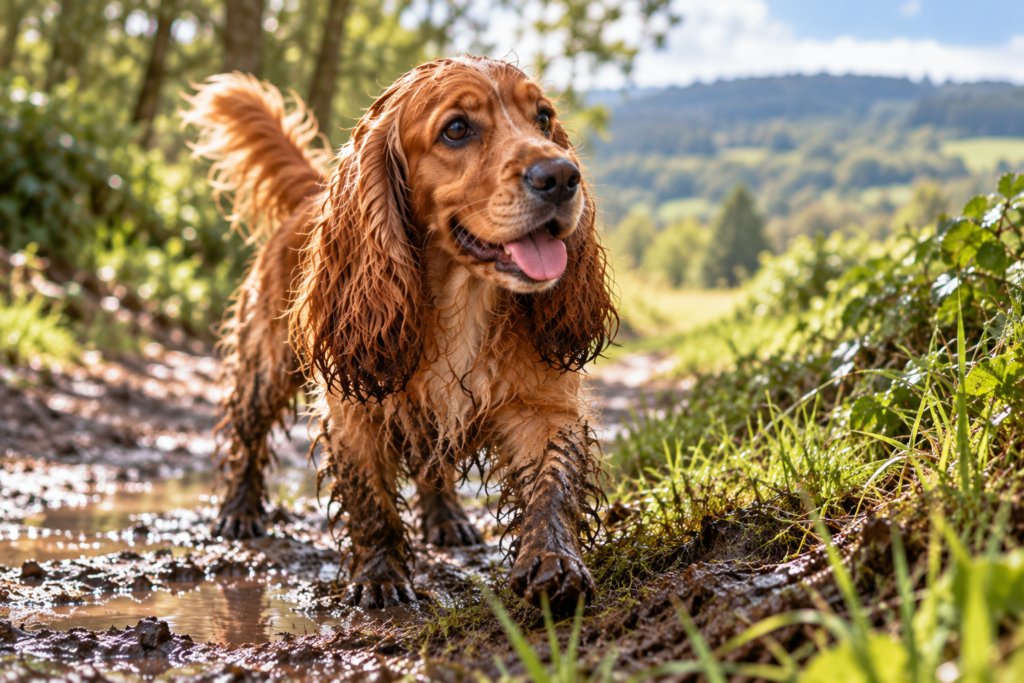 Muddy golden Cocker Spaniel exploring a wet woodland trail