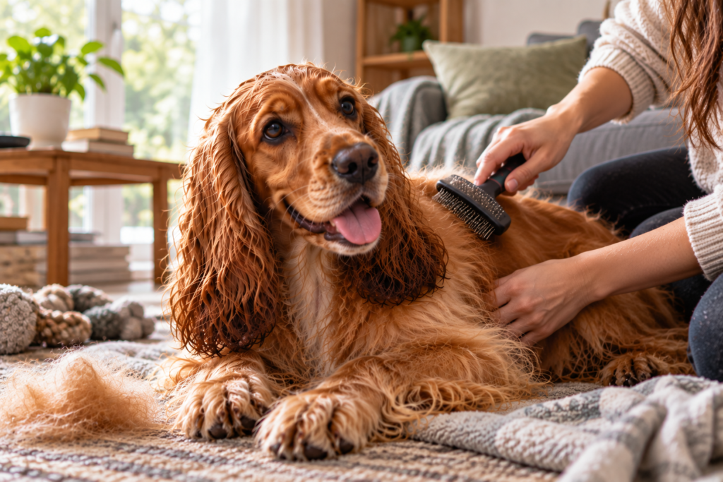 Golden Cocker Spaniel being brushed at home between baths