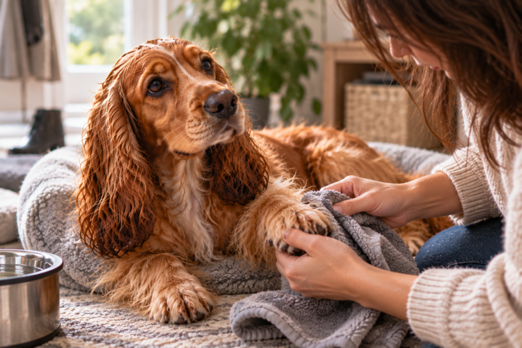 Golden Cocker Spaniel having one paw gently cleaned with a towel