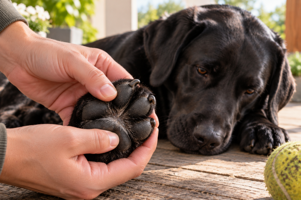 Owner gently checking the paw pads of a black Labrador