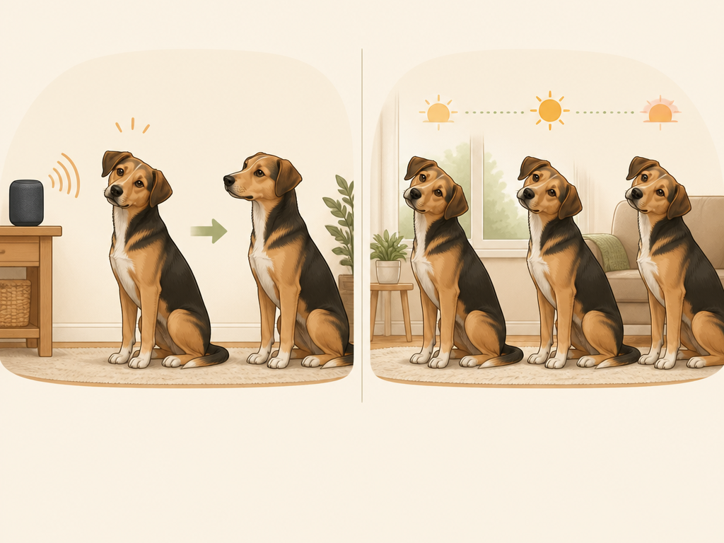Two illustrated dog profiles compare a brief head tilt that returns to neutral with a head tilt that continues.