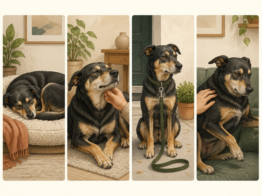 Four illustrations show the same dog relaxing on a bed, leaning toward a hand, waiting beside a leash, and turning away from petting.