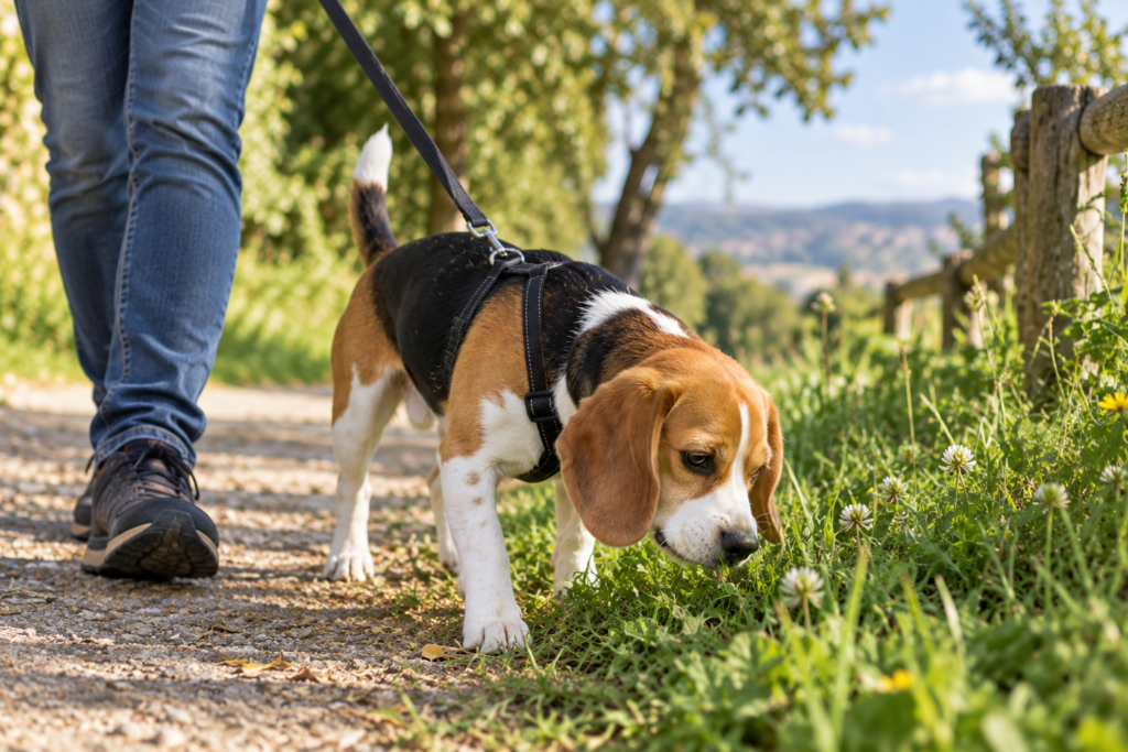 Tricolor Beagle exploring grass during a normal walk with its owner