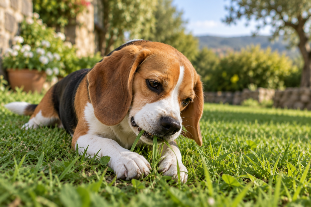 Tricolor Beagle calmly chewing fresh grass in a garden