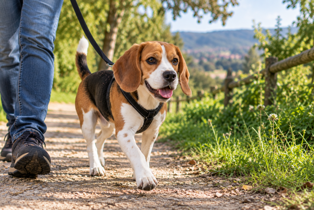 Tricolor Beagle happily continuing a walk after exploring grass