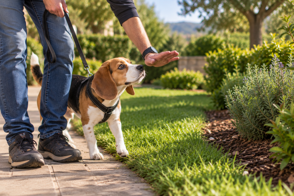 Owner gently redirecting a tricolor Beagle away from a landscaped lawn