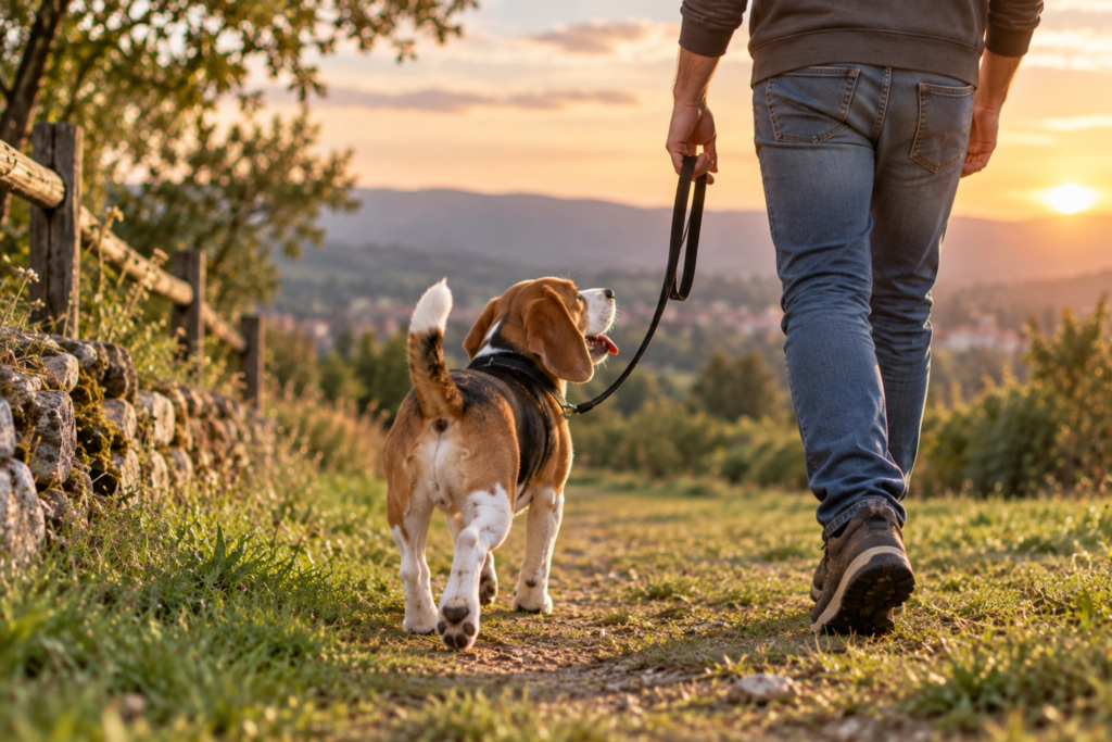 Tricolor Beagle continuing a countryside walk with its owner