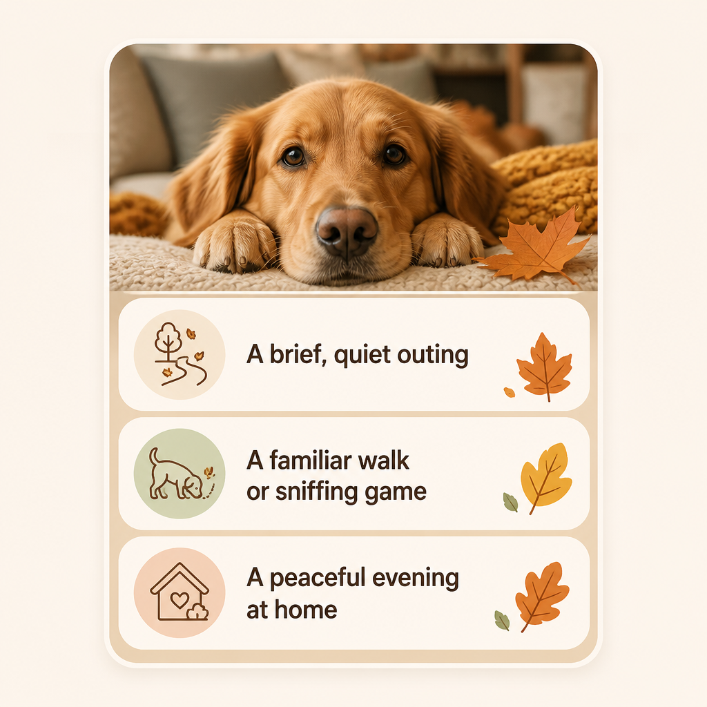 A three-option card lists a brief quiet outing, a familiar walk or sniffing game, and a peaceful evening at home.