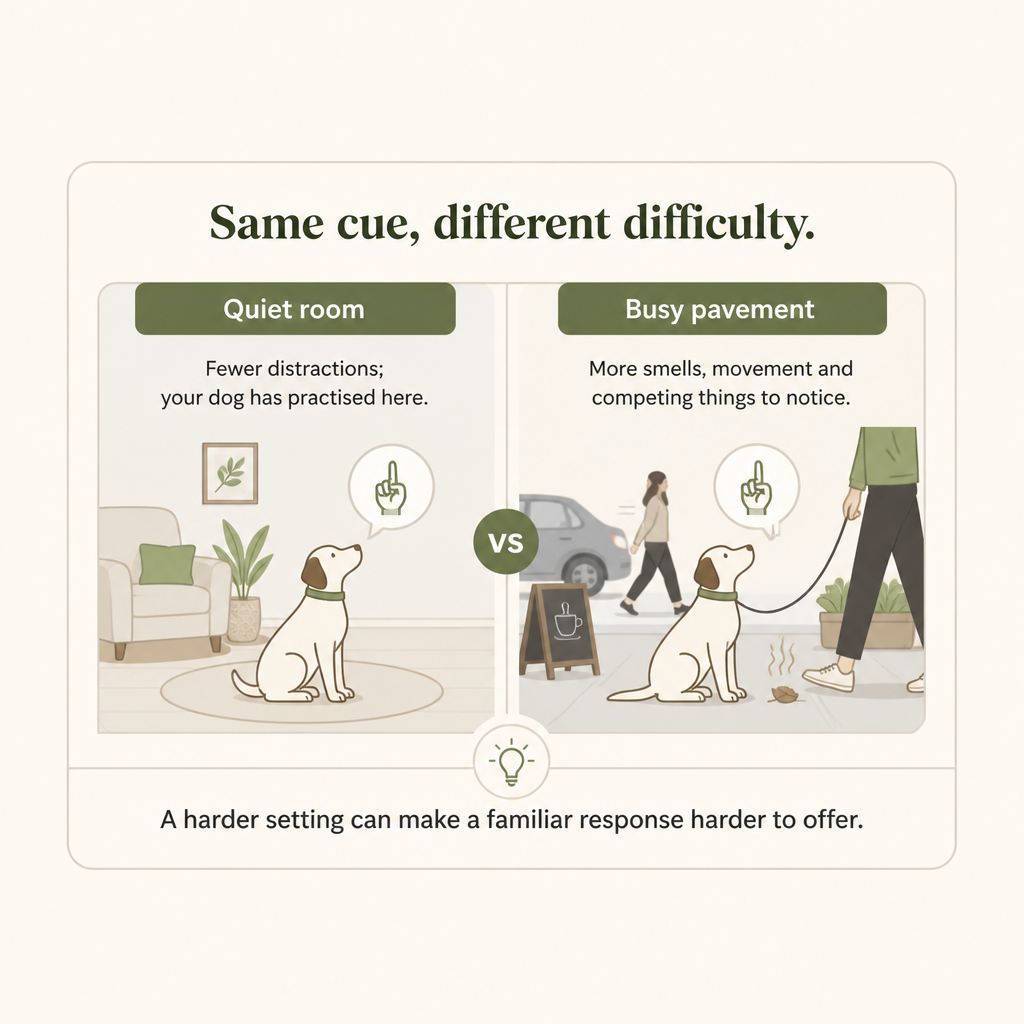 Comparison card contrasting a quiet room with a distracting pavement as settings for the same cue.