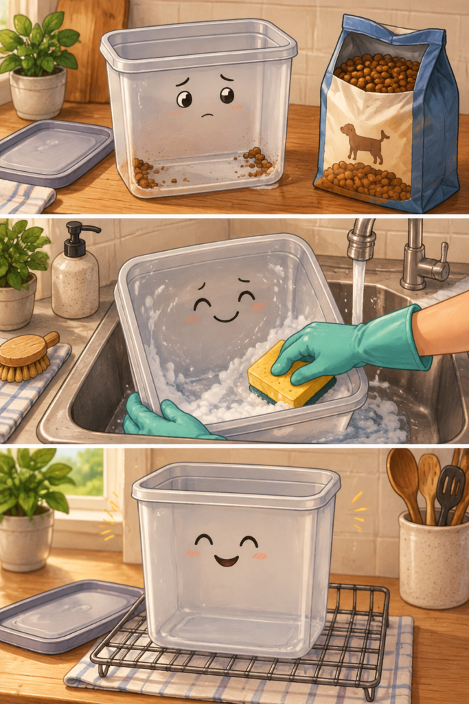A three-panel comic shows a crumb-dusted kibble bin being washed, then left clean and dry on a rack.
