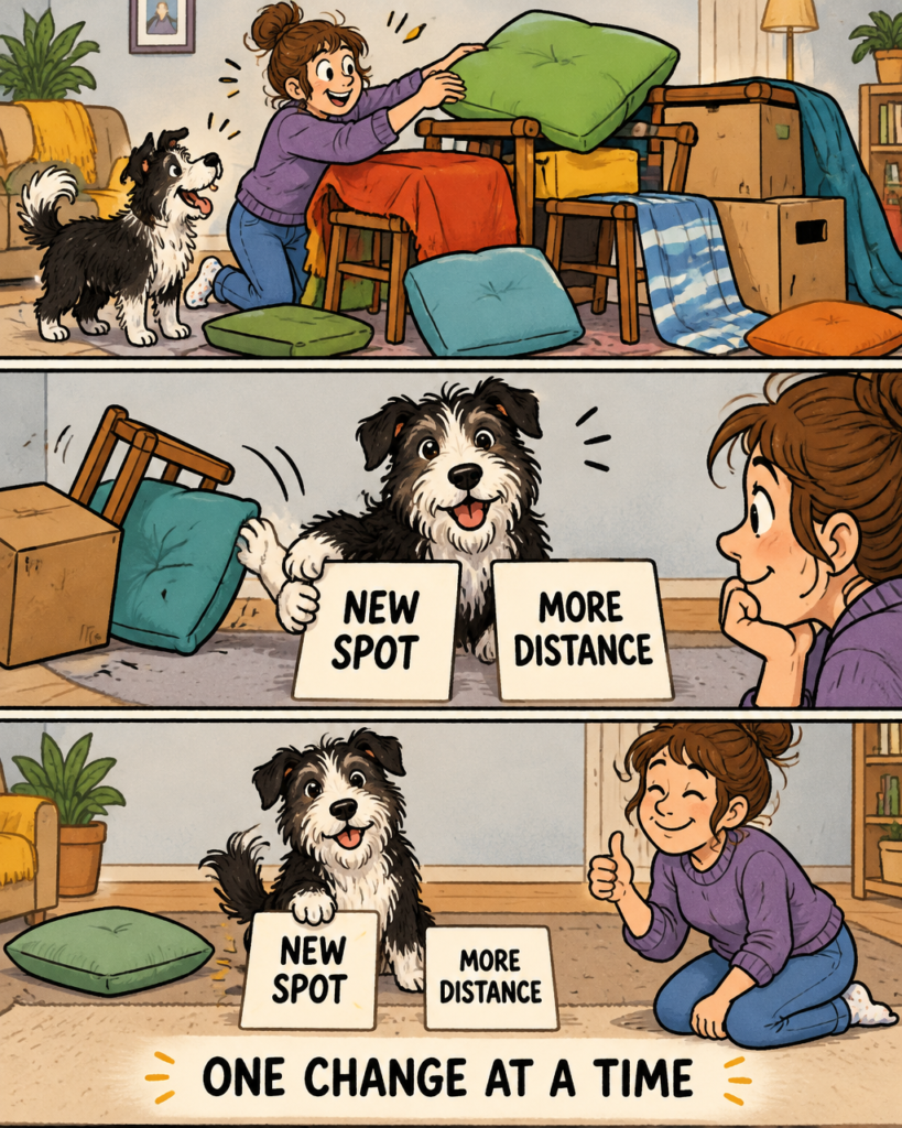 Three-panel illustrated comic: a dog nudges aside an elaborate indoor obstacle setup, chooses either a new hiding spot or more distance, and keeps the game simple.