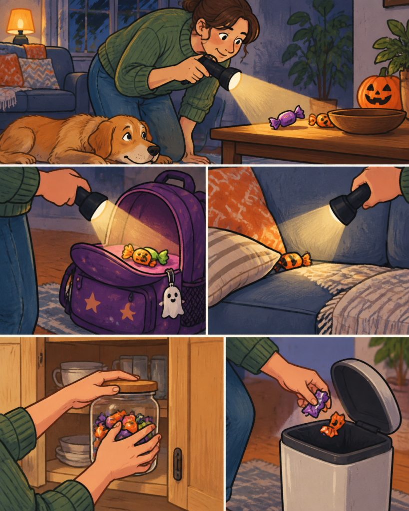Illustration of a flashlight checking a low table, open backpack and sofa cushions while Halloween sweets go into a closed cupboard and wrappers into a lidded bin.