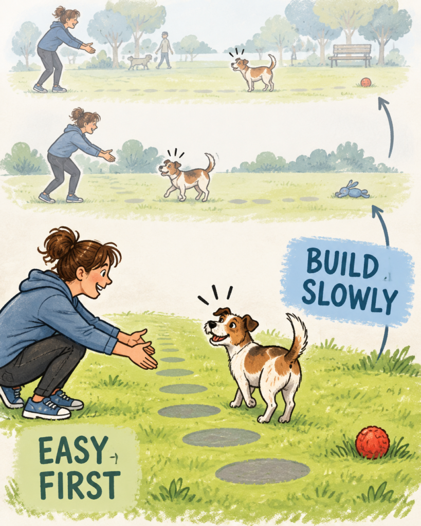 A dog turns from a toy toward its handler in an easy practice setup, with stepping stones suggesting gradually greater challenges.