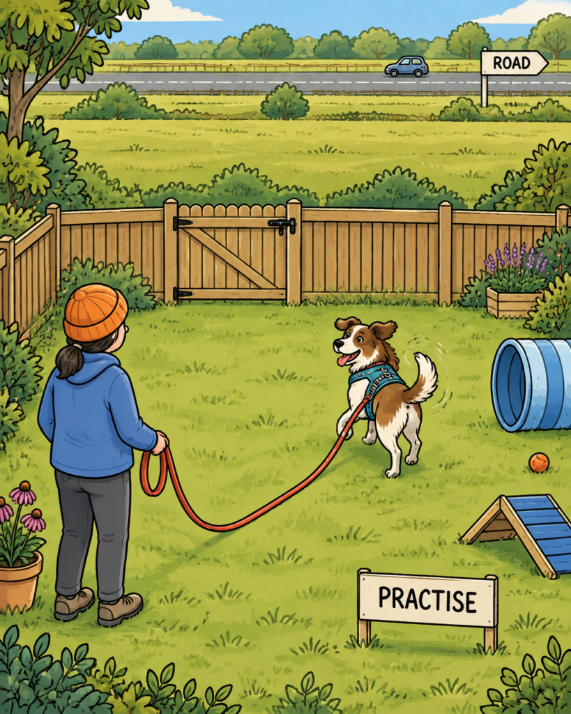 A dog and handler practise inside a fenced garden, with a long line attached to the dog’s harness and a road far beyond the fence.