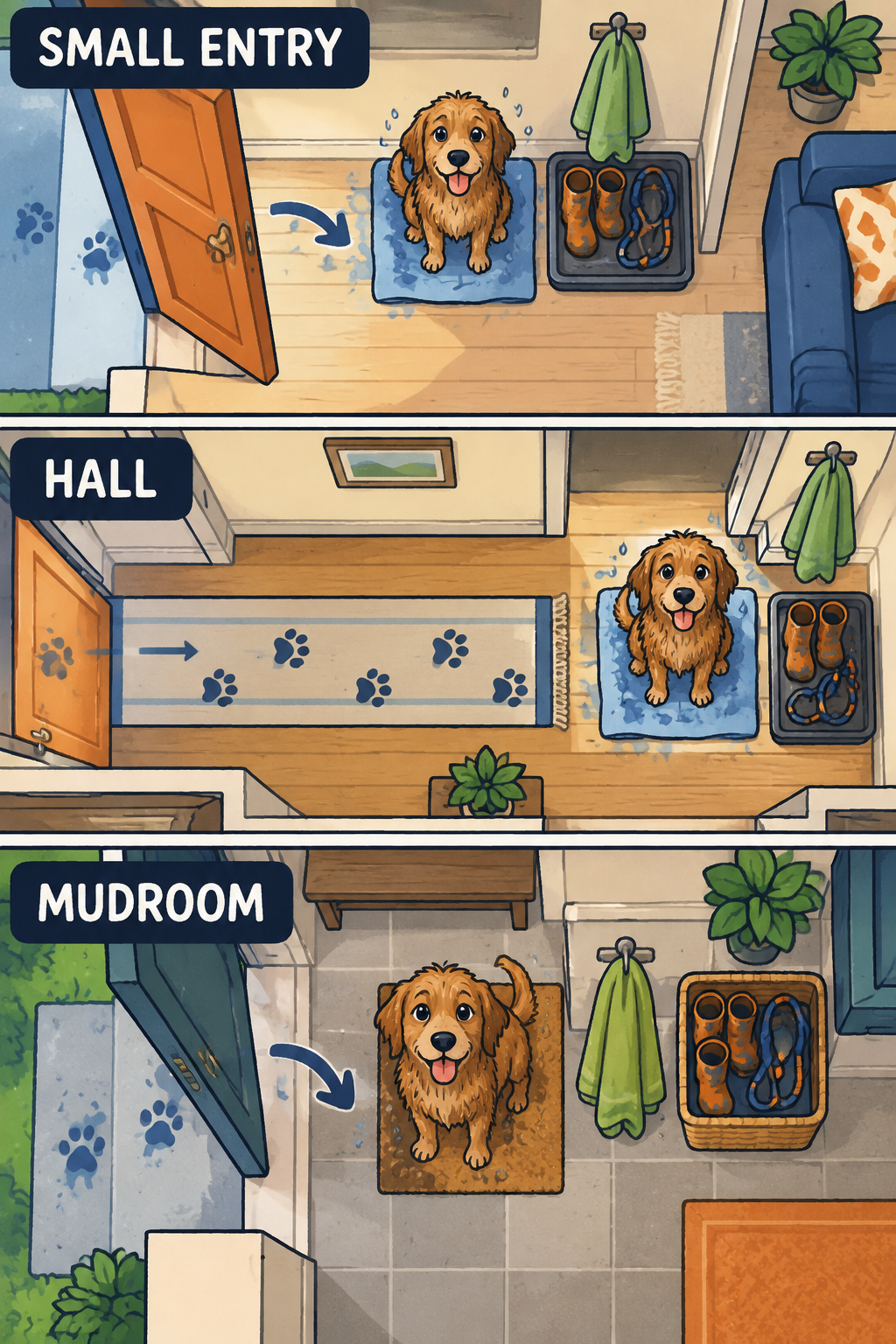 A three-part illustrated guide shows towel, pause-mat, and wet-gear placement for a small entry, hallway, and mudroom.