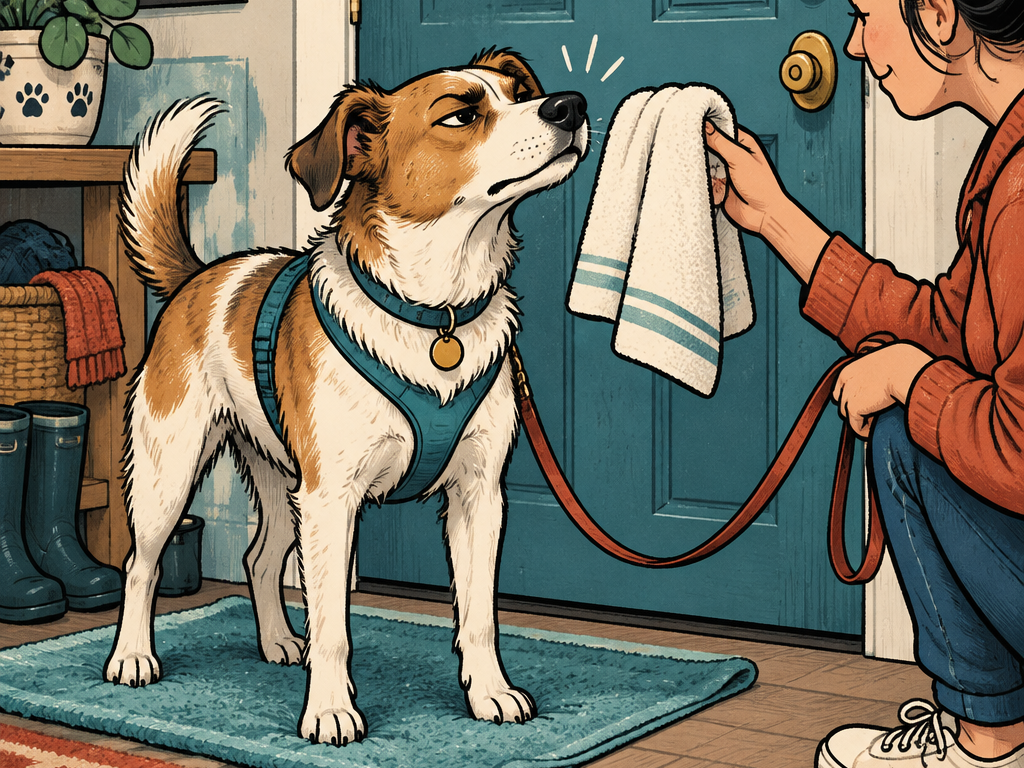 A calm dog stands on a nonslip towel and solemnly inspects a hand towel offered by a patiently waiting person.
